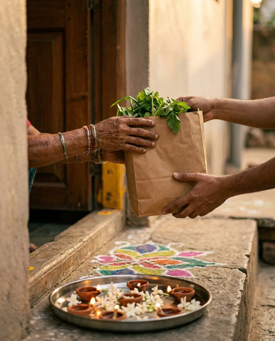 Two pairs of hands exchanging a paper bag of vegetables at a doorway, oil lamps and jasmine on the threshold.
