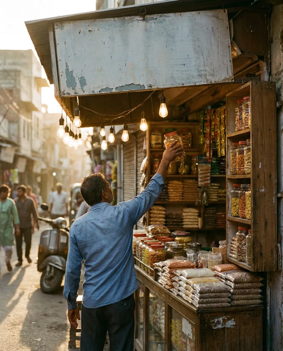 A neighbourhood kirana store at golden hour, the shopkeeper reaching for a jar on a high shelf.