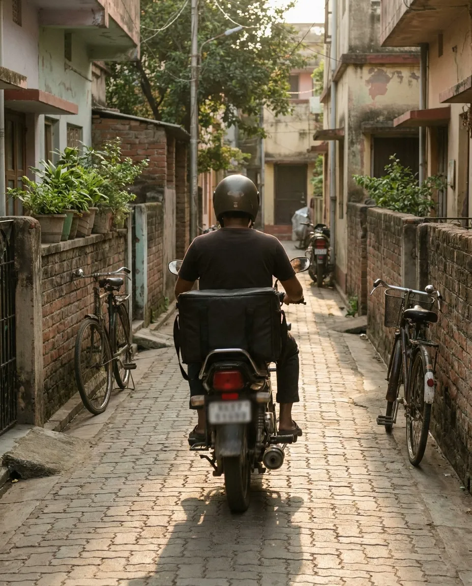 A delivery rider on a scooter with a delivery bag riding away down a narrow residential lane.